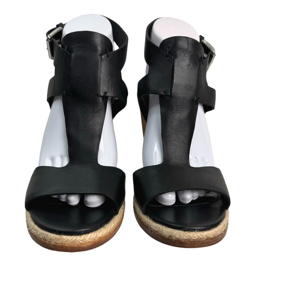 Sigerson Morrison Shoes - Sigerson Morrison Women's Black Leather Cork Wedge Espadrille T Strap Sandals‎ 9